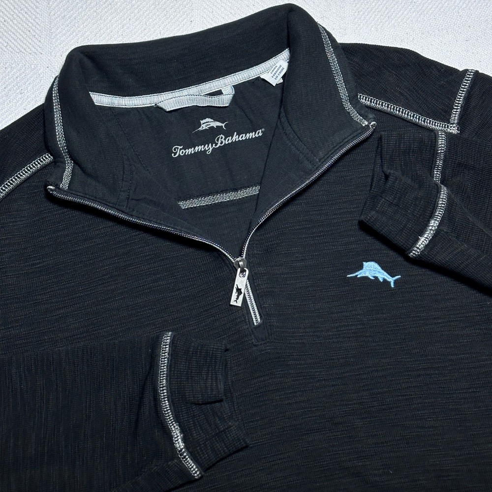 Tommy Bahama Tobago Bay 1/2 Zip Sweatshirt Mens Medium Black Slub Knit Cotton